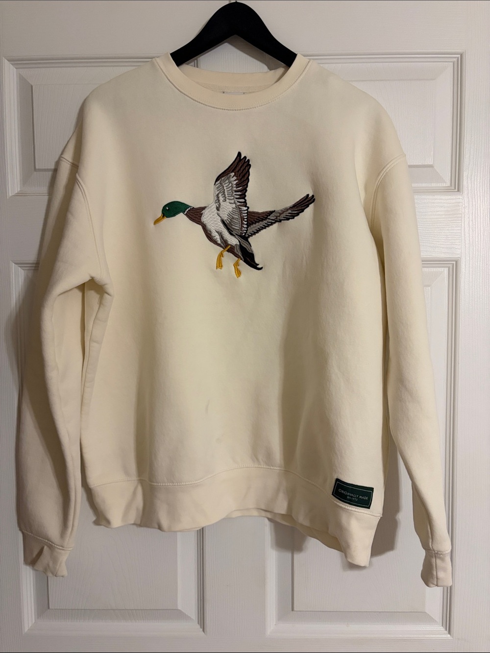 Zara Embroidered Mallard Duck Crewneck Sweatshirt Cream Off-White Size Large - Picture 1 of 4